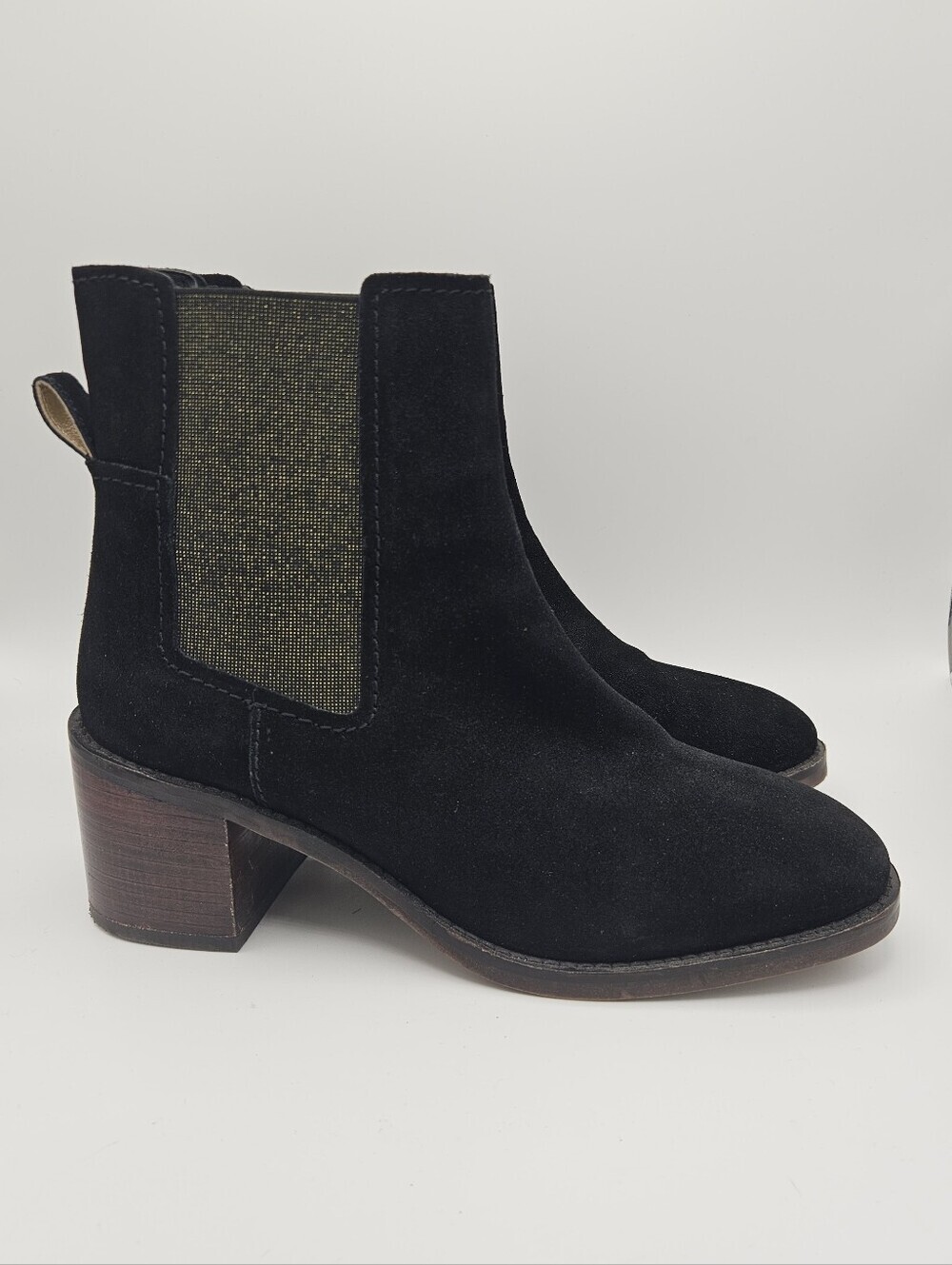 Boden chelsea block heel boots black suede gold goring EU 39